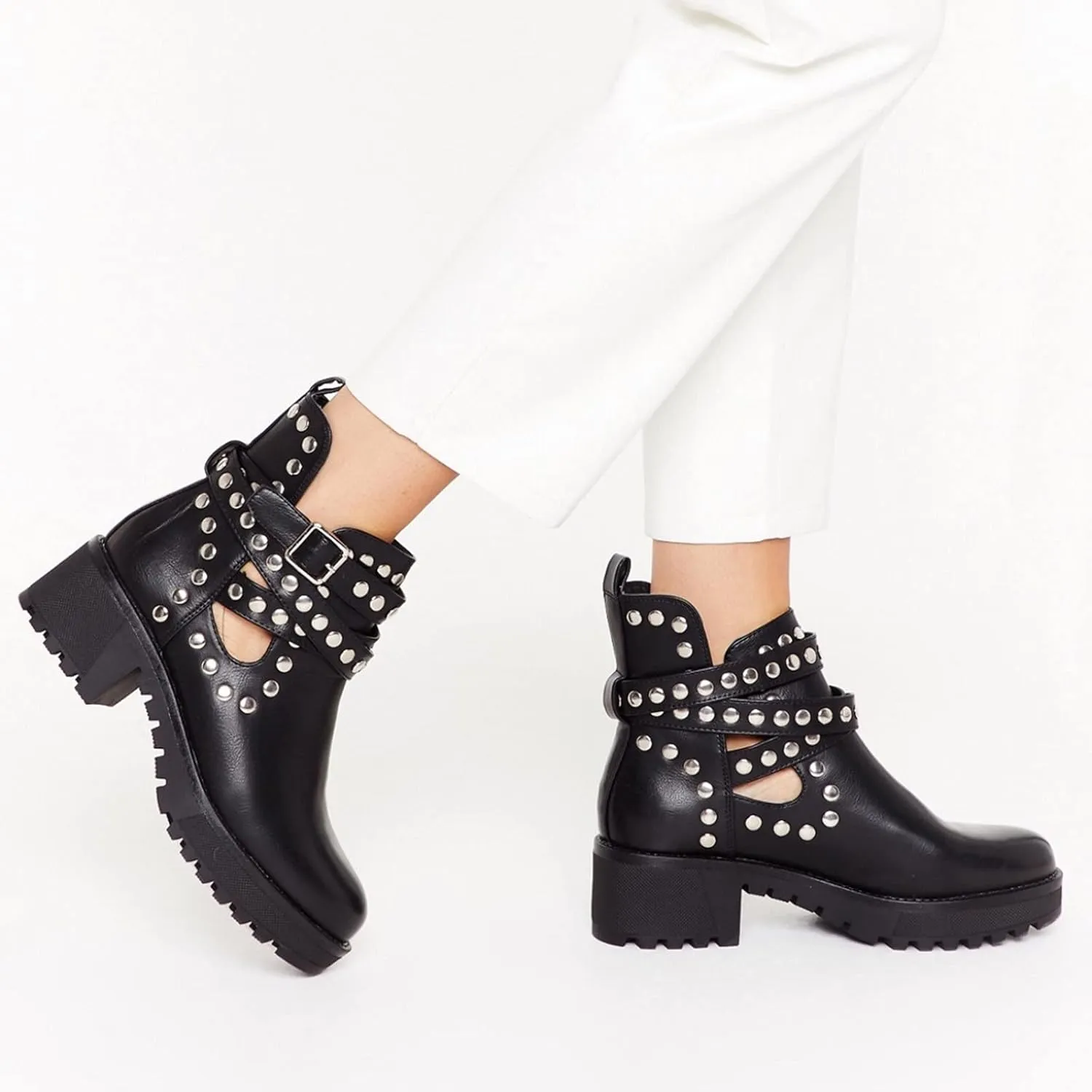 oiangi Women Shoes Fashion Rivets Slope Heel Mid Heel Zipper Buckle Leather Low Boots Comfortable Casual Summer Hollow Thick Heel Sandals