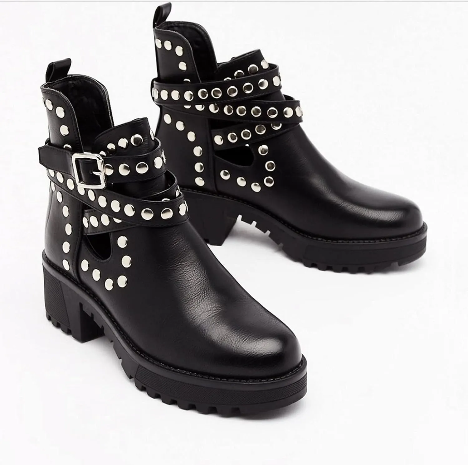 oiangi Women Shoes Fashion Rivets Slope Heel Mid Heel Zipper Buckle Leather Low Boots Comfortable Casual Summer Hollow Thick Heel Sandals
