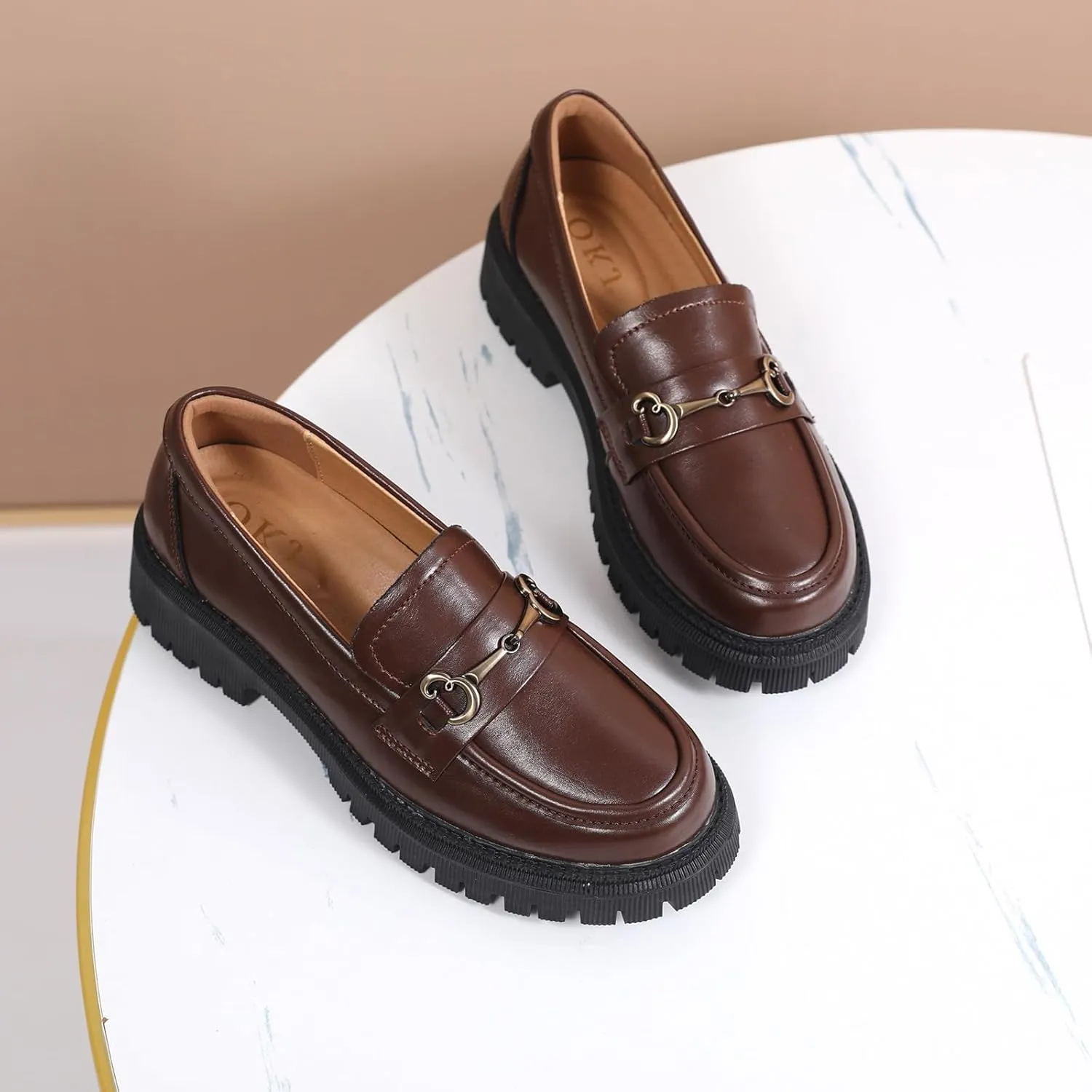 OKJ Black Loafers for Women Chunky Women's Loafers & Slip-ons Penny Comfort Shoes Metal Chain Dressy Office Work Slip on Platform Loafers for Womens Ladies Shoes