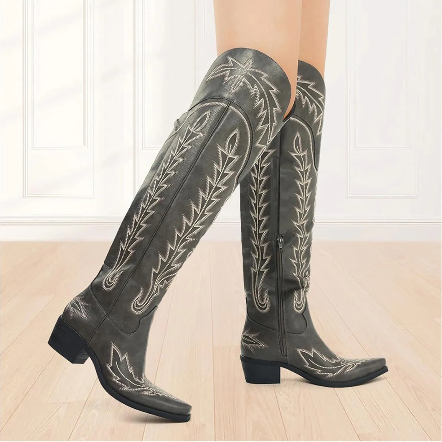 olomisa Over the Knee Cowboy Boots for Women Embroidery Cowgirl Boots Chunky Heel Side Zipper Boots Thigh High Western Boots
