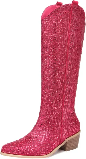 olomisa Rhinestone Boots for Women, Knee High Cowboy Boots Pointed Toe Chunky Heel Sparkly Cowgirl Boots Bling Shoes