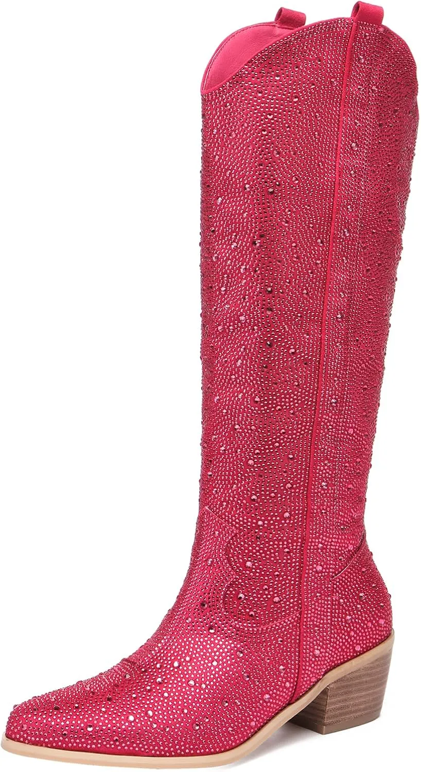 olomisa Rhinestone Boots for Women, Knee High Cowboy Boots Pointed Toe Chunky Heel Sparkly Cowgirl Boots Bling Shoes