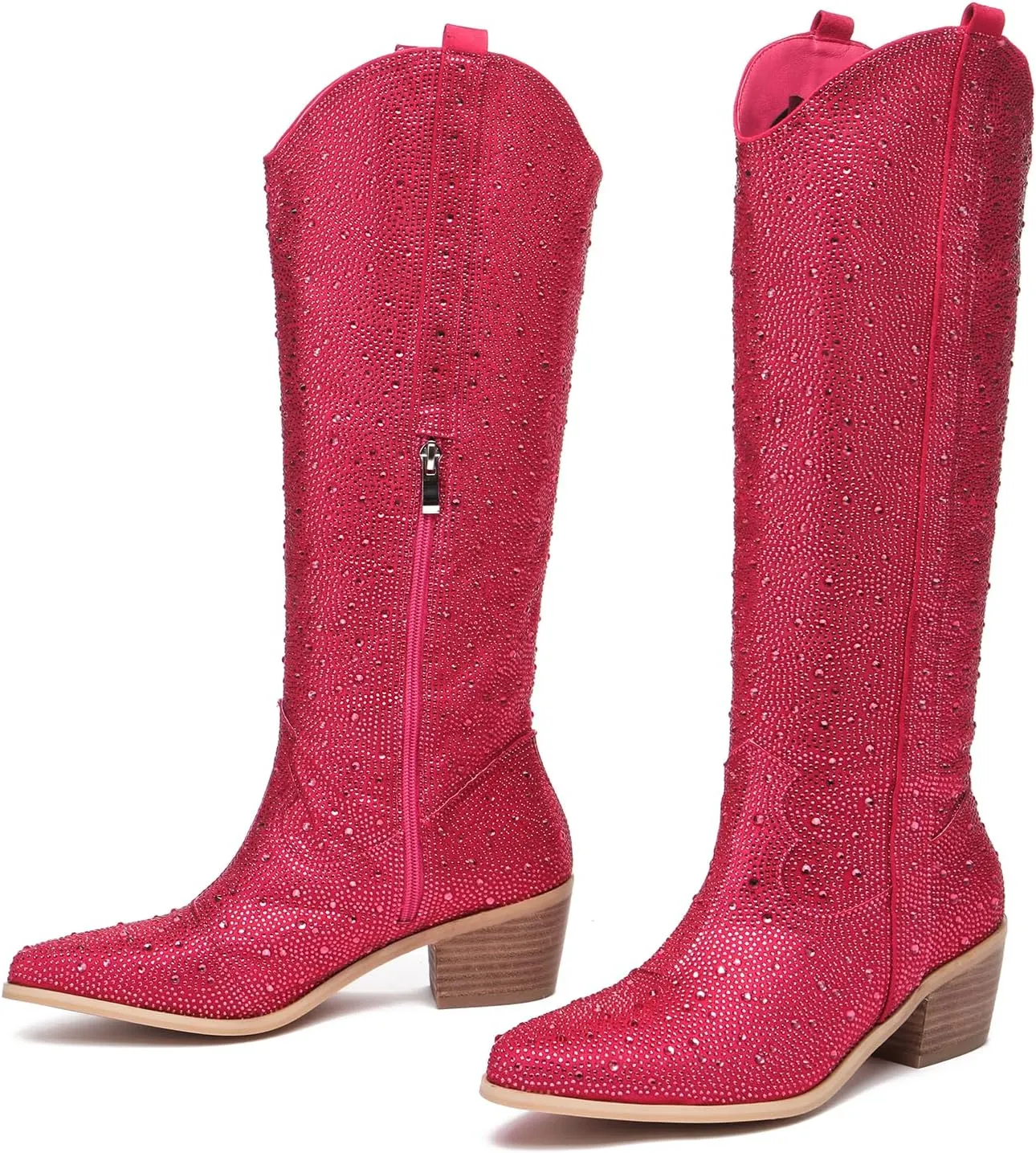olomisa Rhinestone Boots for Women, Knee High Cowboy Boots Pointed Toe Chunky Heel Sparkly Cowgirl Boots Bling Shoes