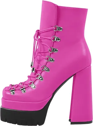 onlymaker Double Platform Ankle Boots Chunky High Heels Lace up side Zippers Square Toe Platform Booty