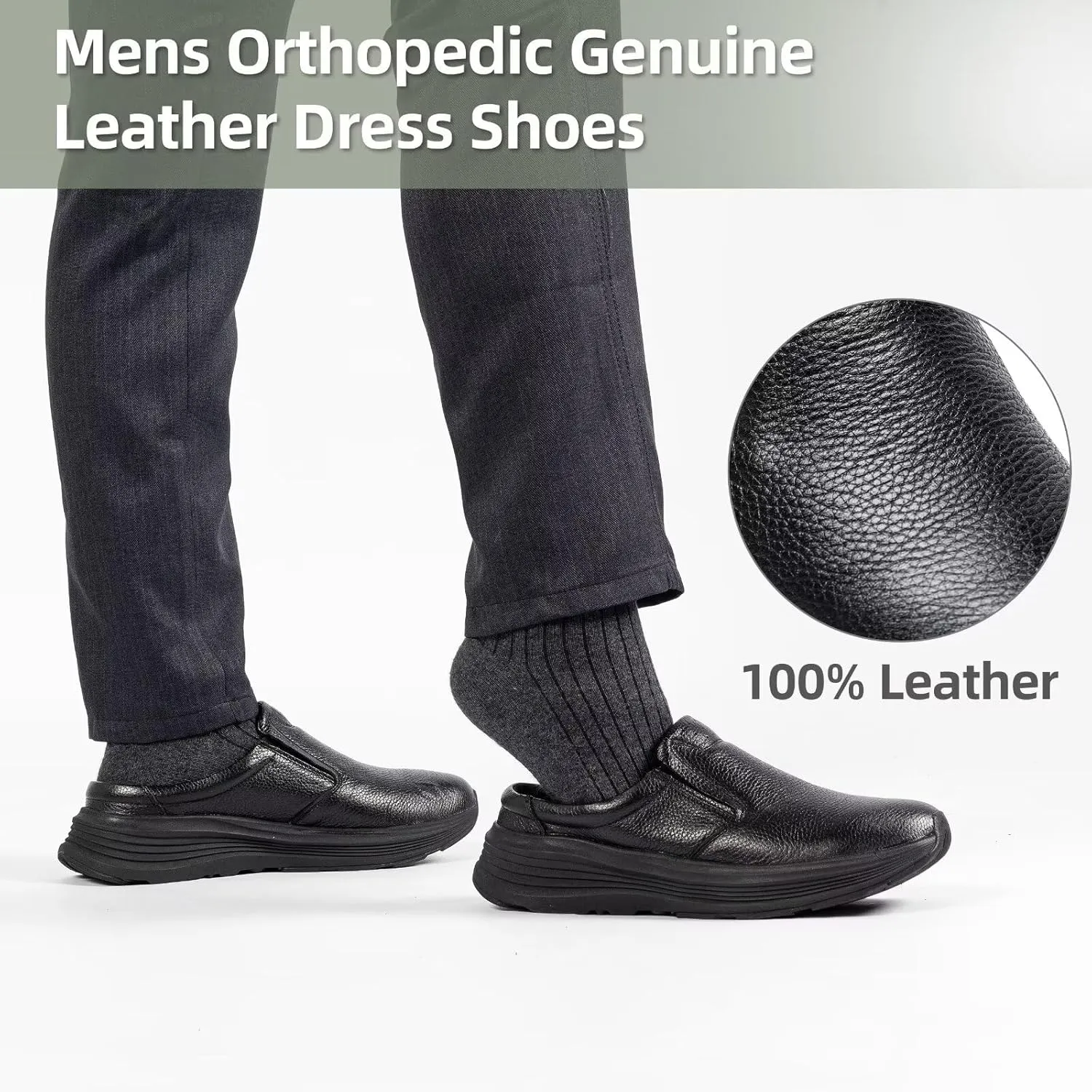 OrthoComfoot Men's Orthopedic Leather Dress Walking Shoes: Comfortable Arch Support Slip-Ons Loafers for Plantar Fasciitis, Casual Business Orthotic Slippers for Foot and Heel Pain Relief