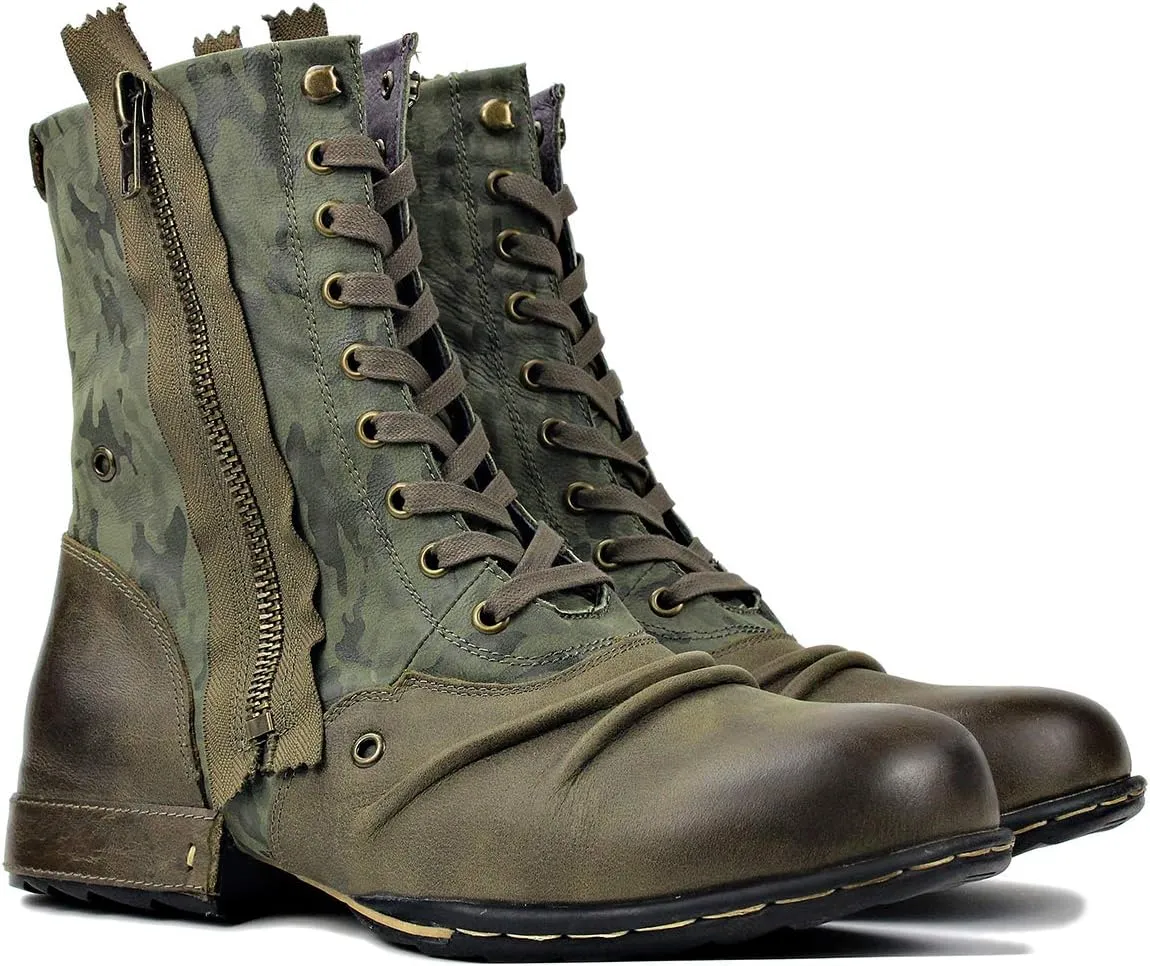 OSSTONE Moto Boots for Men Designer Fashion Zipper-up Leather Chukka western Boots Casual Shoes OS-5008-8-H-Green-US-R