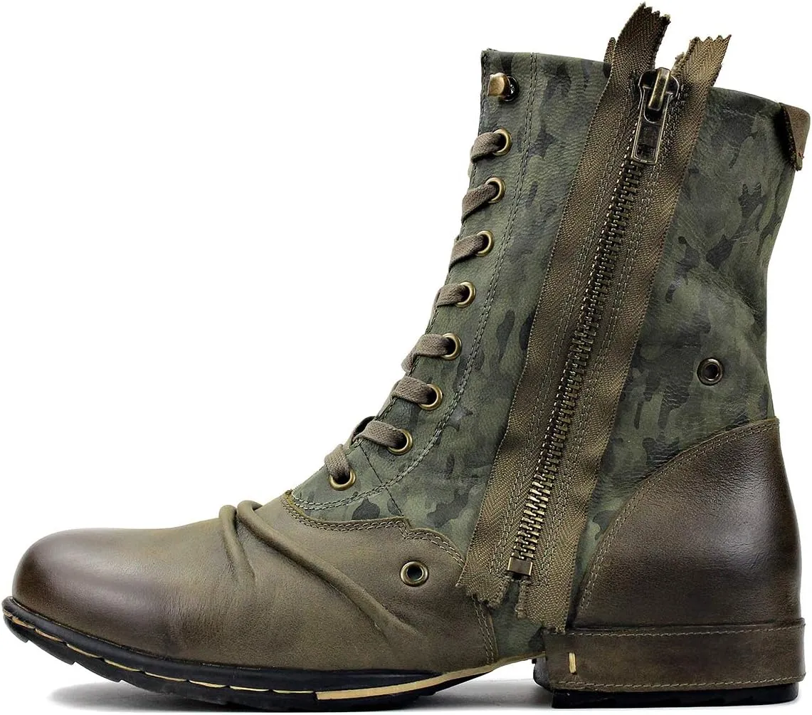 OSSTONE Moto Boots for Men Designer Fashion Zipper-up Leather Chukka western Boots Casual Shoes OS-5008-8-H-Green-US-R