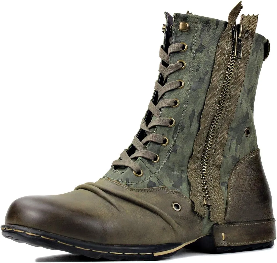 OSSTONE Moto Boots for Men Designer Fashion Zipper-up Leather Chukka western Boots Casual Shoes OS-5008-8-H-Green-US-R
