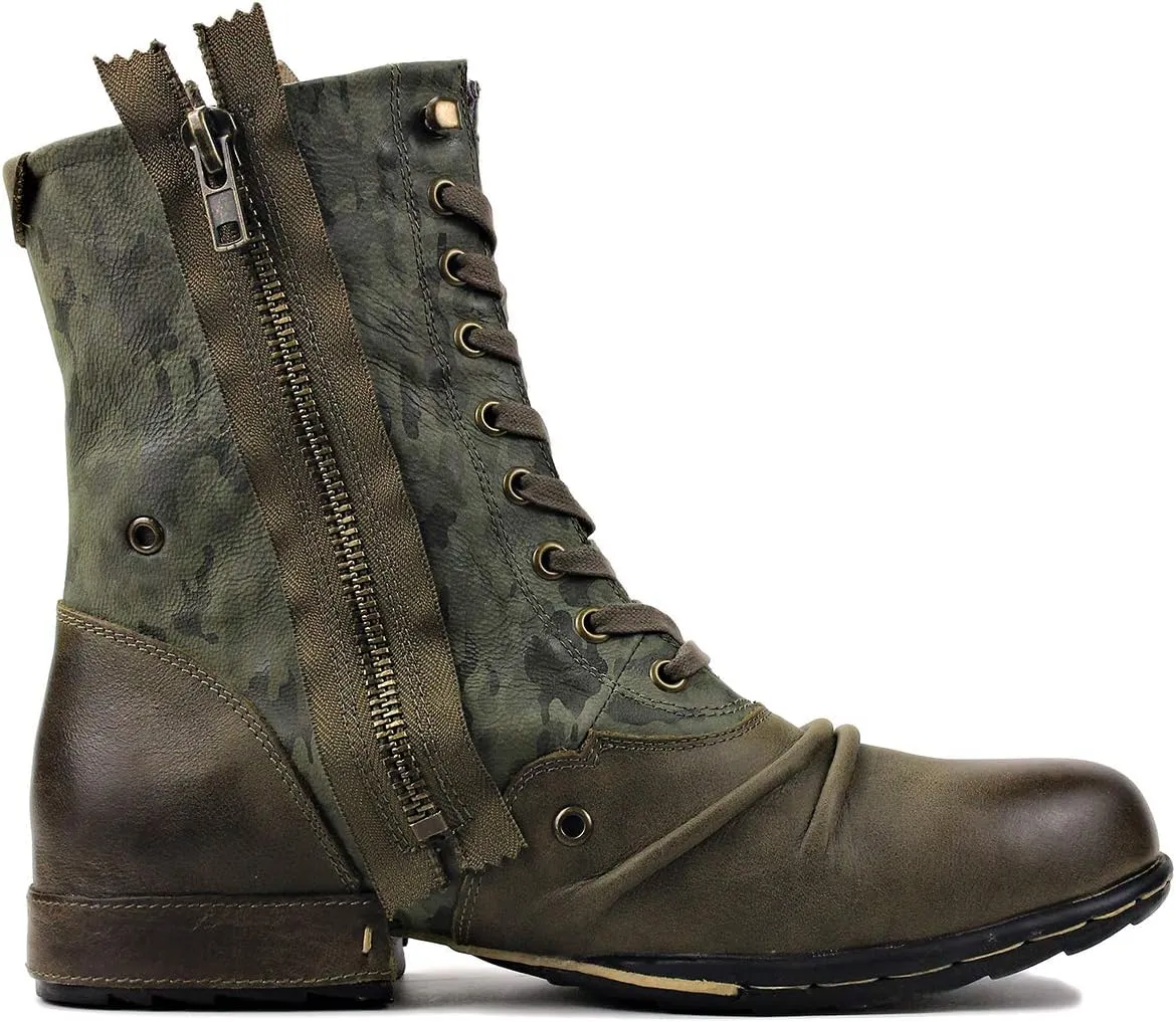 OSSTONE Moto Boots for Men Designer Fashion Zipper-up Leather Chukka western Boots Casual Shoes OS-5008-8-H-Green-US-R