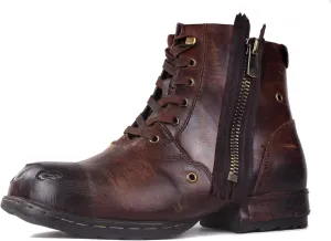 OSSTONE Moto Boots for Men Fashion lace-up Leather Chukka Boots Casual Shoes Metal Cleats OS-5008-8-Metal-Brown