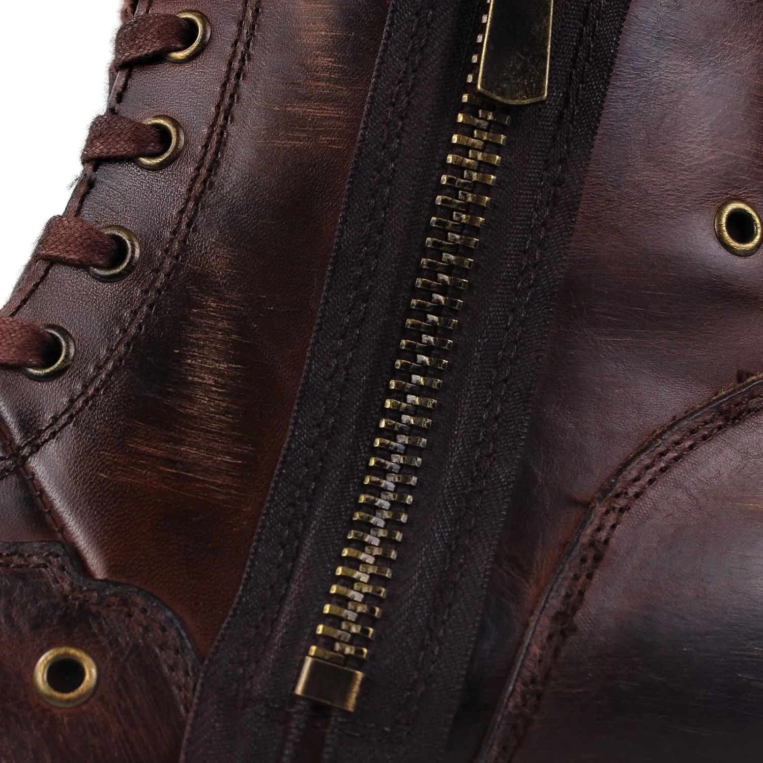 OSSTONE Moto Boots for Men Fashion lace-up Leather Chukka Boots Casual Shoes Metal Cleats OS-5008-8-Metal-Brown