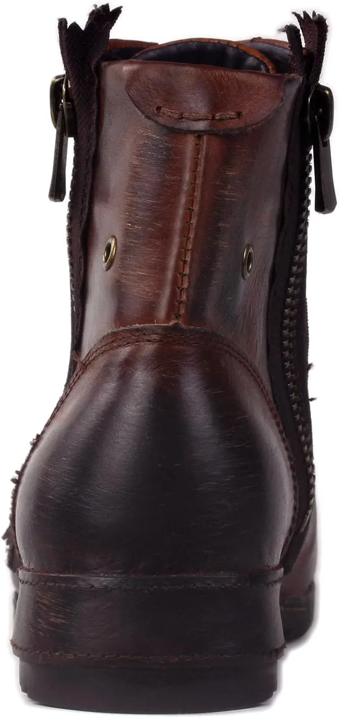 OSSTONE Moto Boots for Men Fashion lace-up Leather Chukka Boots Casual Shoes Metal Cleats OS-5008-8-Metal-Brown