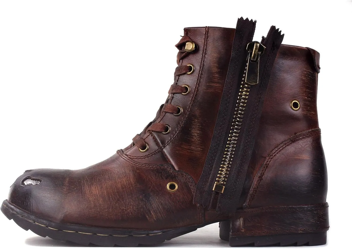 OSSTONE Moto Boots for Men Fashion lace-up Leather Chukka Boots Casual Shoes Metal Cleats OS-5008-8-Metal-Brown