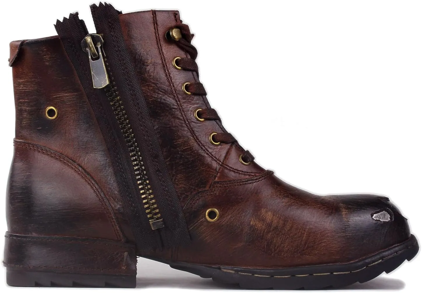 OSSTONE Moto Boots for Men Fashion lace-up Leather Chukka Boots Casual Shoes Metal Cleats OS-5008-8-Metal-Brown