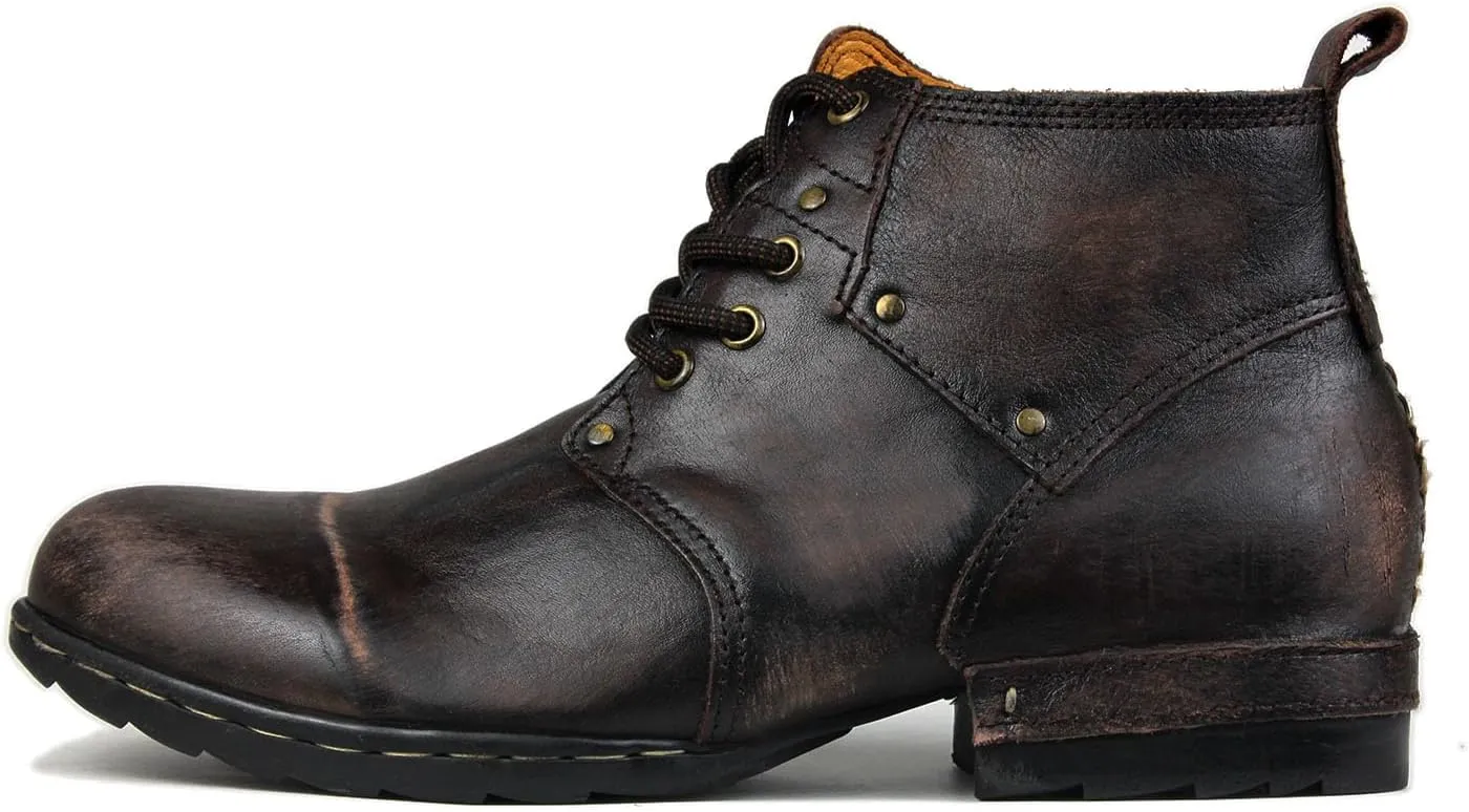 OSSTONE Moto Boots for Men Fashion lace-up Leather Chukka Boots Casual Shoes Metal Cleats OS-6015-3-A-US-R Metal Black