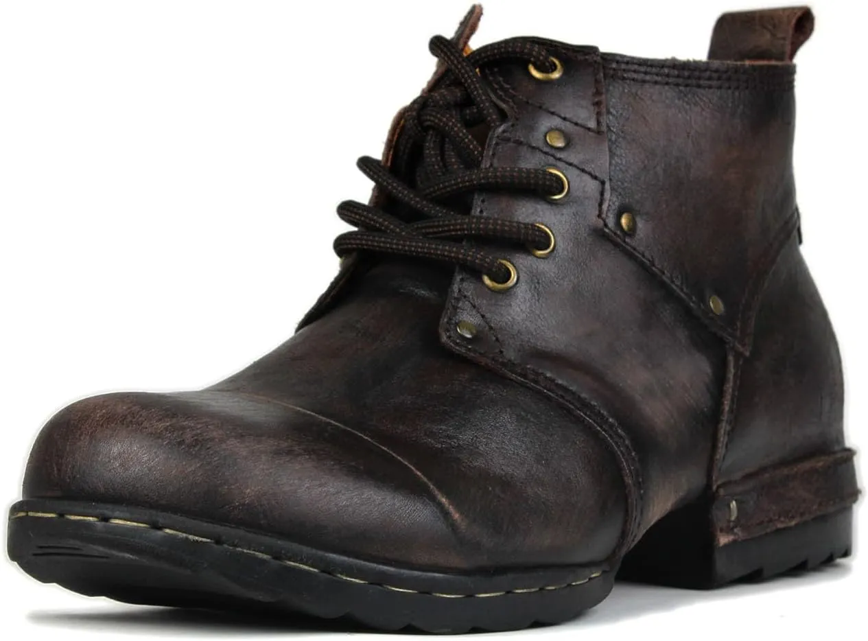 OSSTONE Moto Boots for Men Fashion lace-up Leather Chukka Boots Casual Shoes Metal Cleats OS-6015-3-A-US-R Metal Black