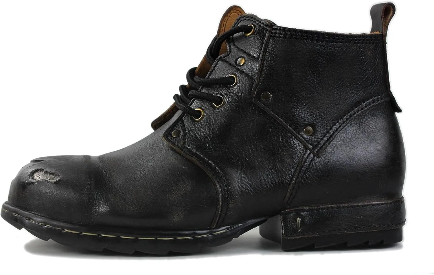 OSSTONE Moto Boots for Men Fashion lace-up Leather Chukka Boots Casual Shoes Metal Cleats OS-6015-3-A-US-R Metal Black