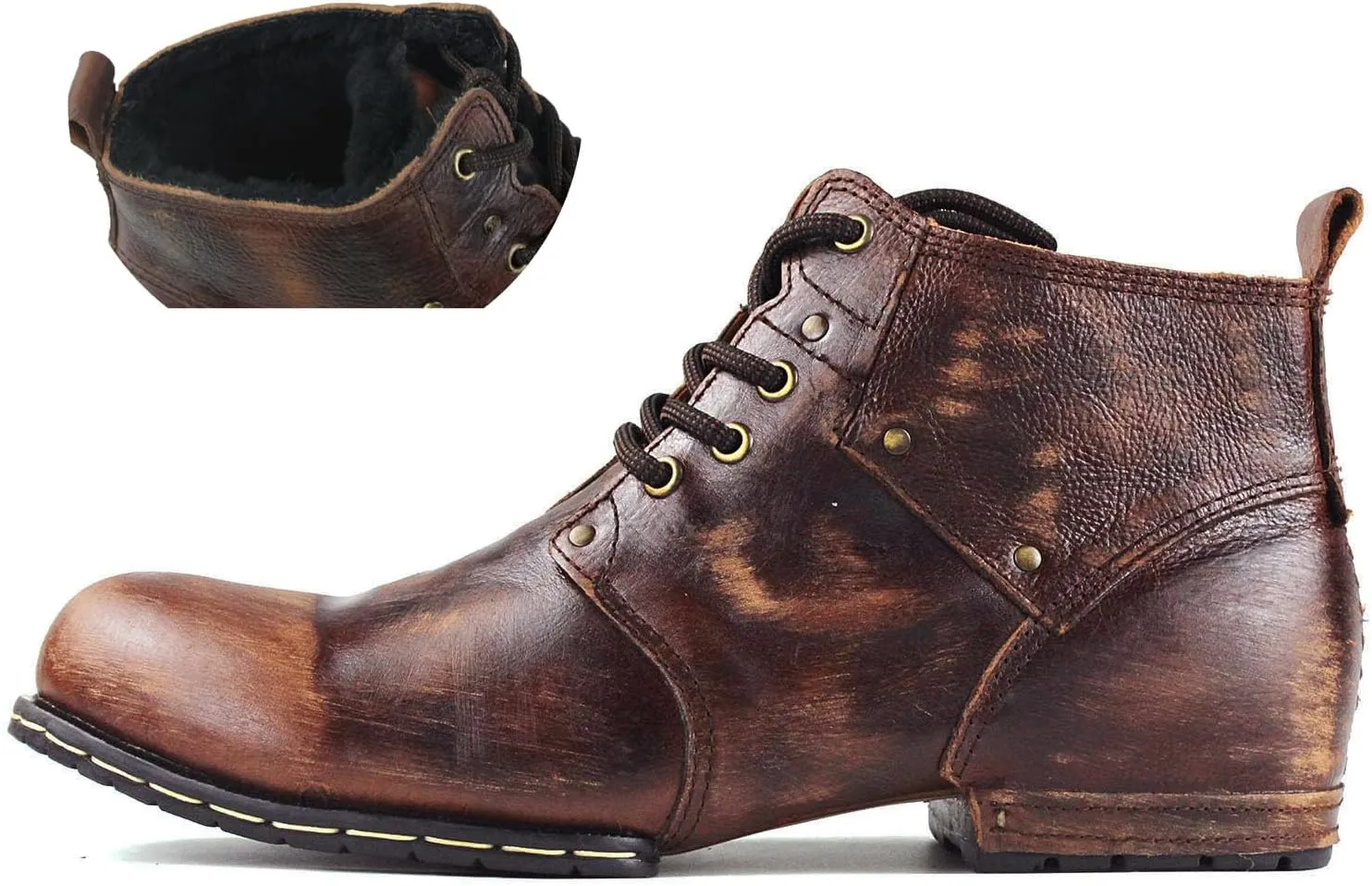 OSSTONE Moto Boots for Men Fashion lace-up Leather Chukka Boots Casual Shoes OS-6015-2-retro-brown-US-R