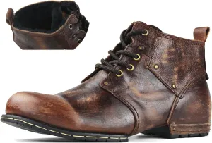 OSSTONE Moto Boots for Men Fashion lace-up Leather Chukka Boots Casual Shoes OS-6015-2-retro-brown-US-R