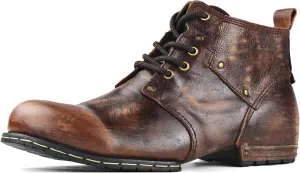 OSSTONE Moto Boots for Men Fashion lace-up Leather Chukka Boots Casual Shoes OS-6015-2-retro-brown-US-R