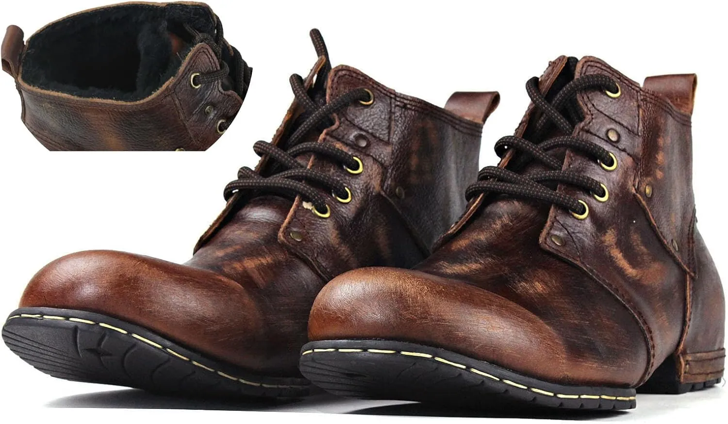 OSSTONE Moto Boots for Men Fashion lace-up Leather Chukka Boots Casual Shoes OS-6015-2-retro-brown-US-R