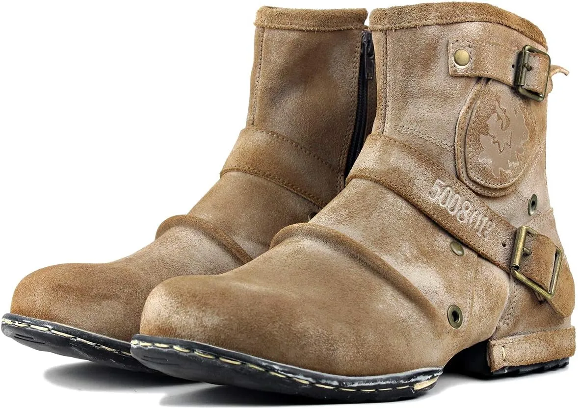 OSSTONE Moto Boots for Men Fashion Zipper-up Leather Chukka Boots Casual Shoes OS-5008-1-Camouflage Green