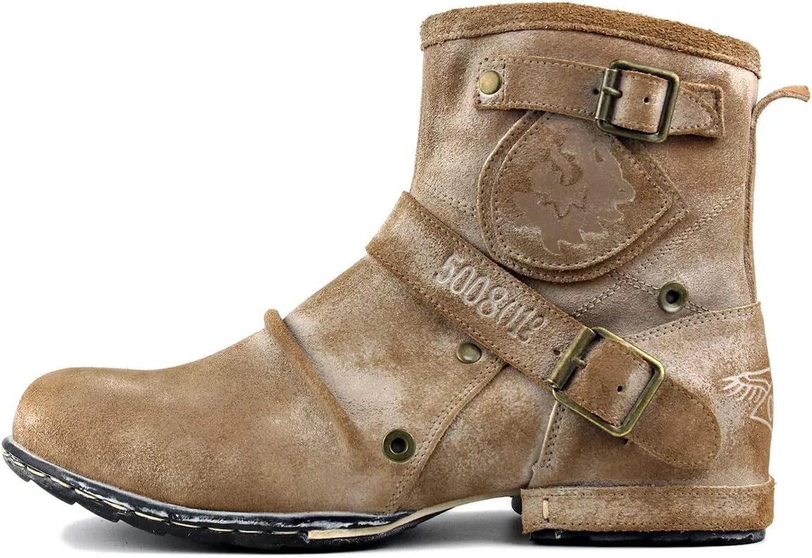 OSSTONE Moto Boots for Men Fashion Zipper-up Leather Chukka Boots Casual Shoes OS-5008-1-Camouflage Green