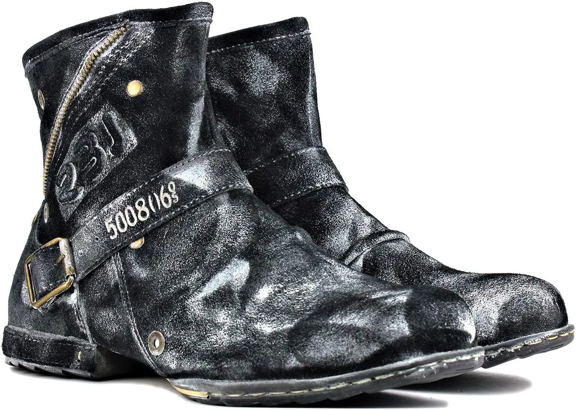 OSSTONE Moto Boots for Men Fashion Zipper-up Leather Chukka Boots Casual Shoes OS-5008-1-Camouflage Green