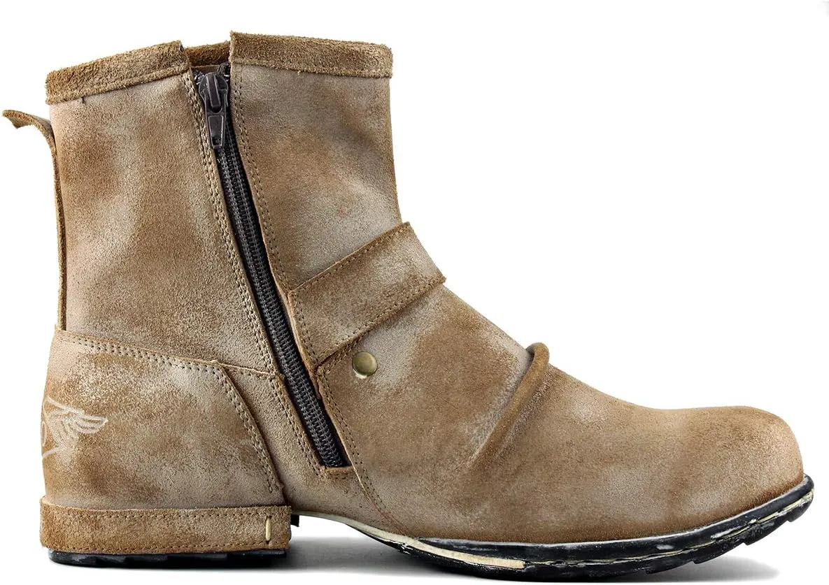 OSSTONE Moto Boots for Men Fashion Zipper-up Leather Chukka Boots Casual Shoes OS-5008-1-Camouflage Green