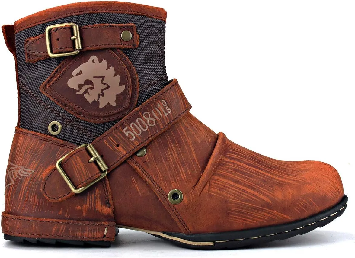 OSSTONE Moto Boots for Men Fashion Zipper-up Leather Chukka Boots Casual Shoes Retro Style OS-5008-1-DA1B1