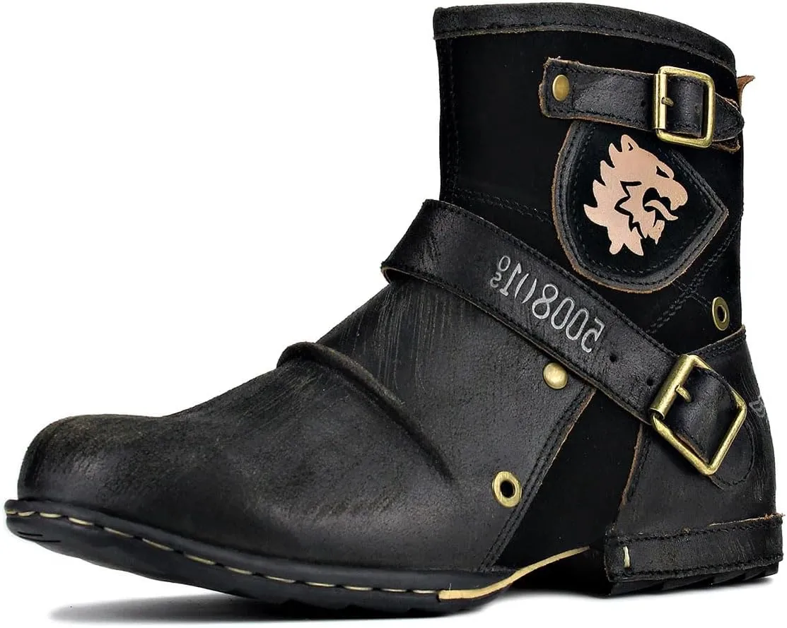 OSSTONE Moto Boots for Men Fashion Zipper-up Leather Chukka Boots Casual Shoes Retro Style OS-5008-1-DA1B1