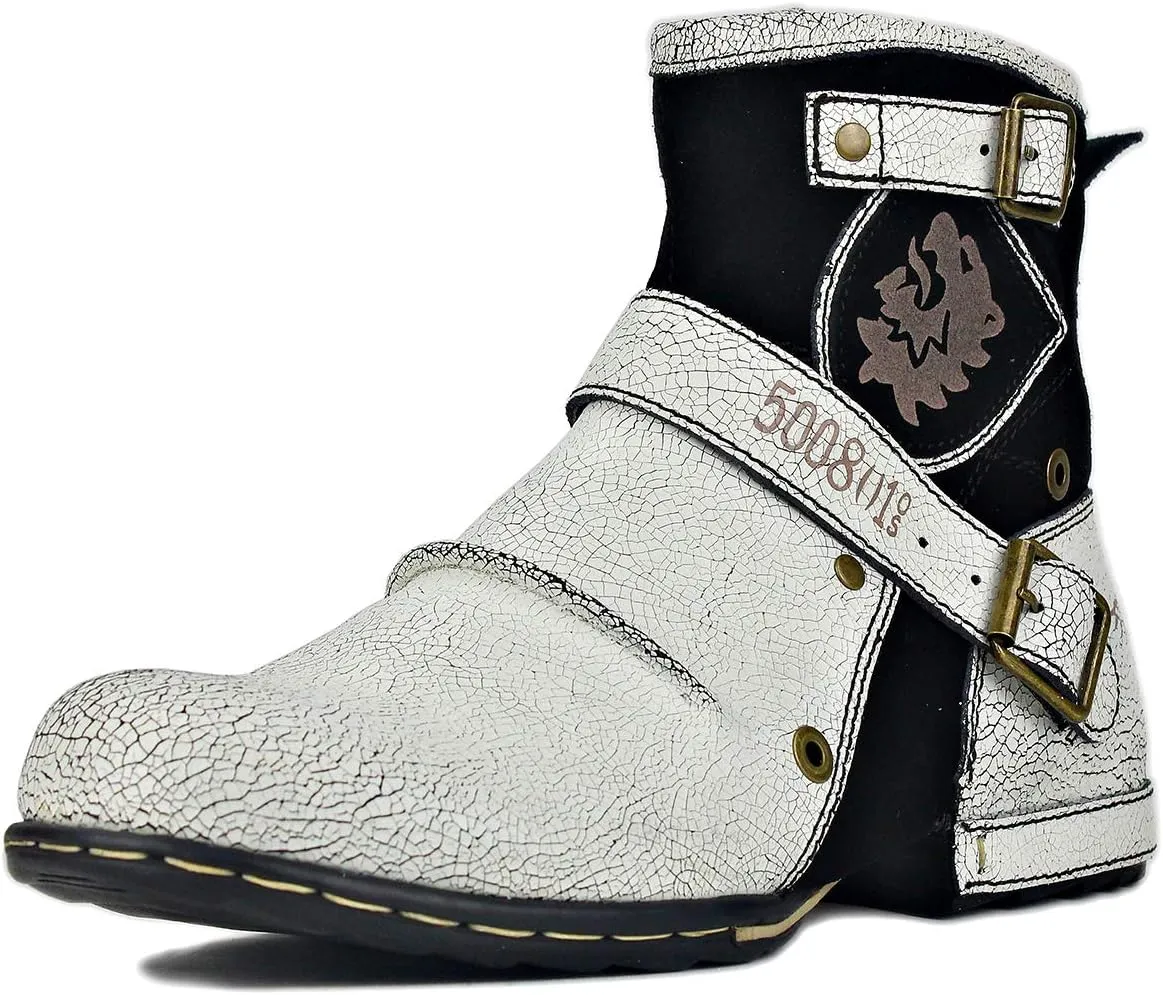 OSSTONE Moto Boots for Men Fashion Zipper-up Leather Chukka Boots Casual Shoes Retro Style OS-5008-1-DA1B1