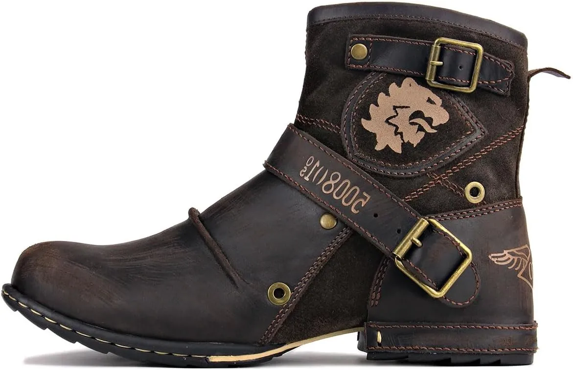 OSSTONE Moto Boots for Men Fashion Zipper-up Leather Chukka Boots Casual Shoes Retro Style OS-5008-1-DA1B1