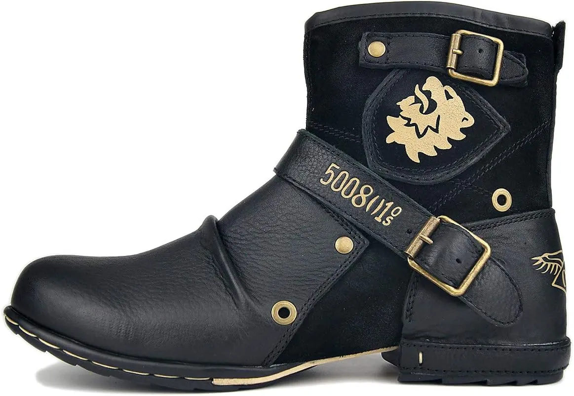 OSSTONE Moto Boots for Men Fashion Zipper-up Leather Chukka Boots Casual Shoes Retro Style OS-5008-1-DA1B1