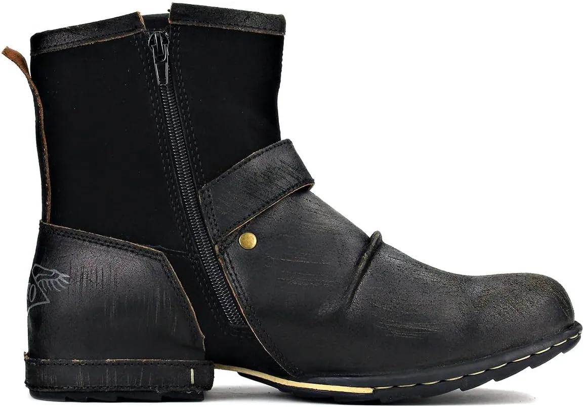 OSSTONE Moto Boots for Men Fashion Zipper-up Leather Chukka Boots Casual Shoes Retro Style OS-5008-1-DA1B1