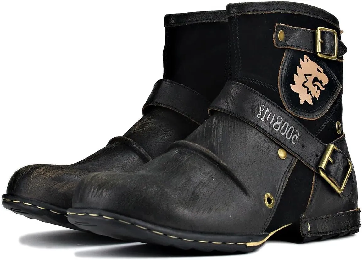 OSSTONE Moto Boots for Men Fashion Zipper-up Leather Chukka Boots Casual Shoes Retro Style OS-5008-1-DA1B1