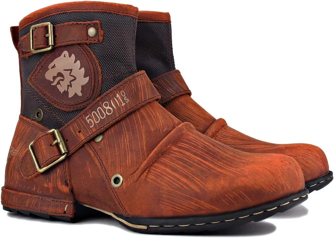 OSSTONE Moto Boots for Men Fashion Zipper-up Leather Chukka Boots Casual Shoes Retro Style OS-5008-1-DA1B1