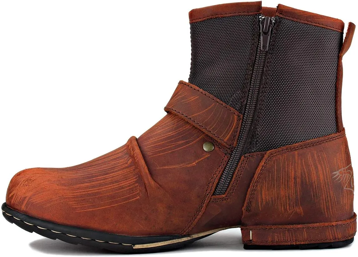 OSSTONE Moto Boots for Men Fashion Zipper-up Leather Chukka Boots Casual Shoes Retro Style OS-5008-1-DA1B1