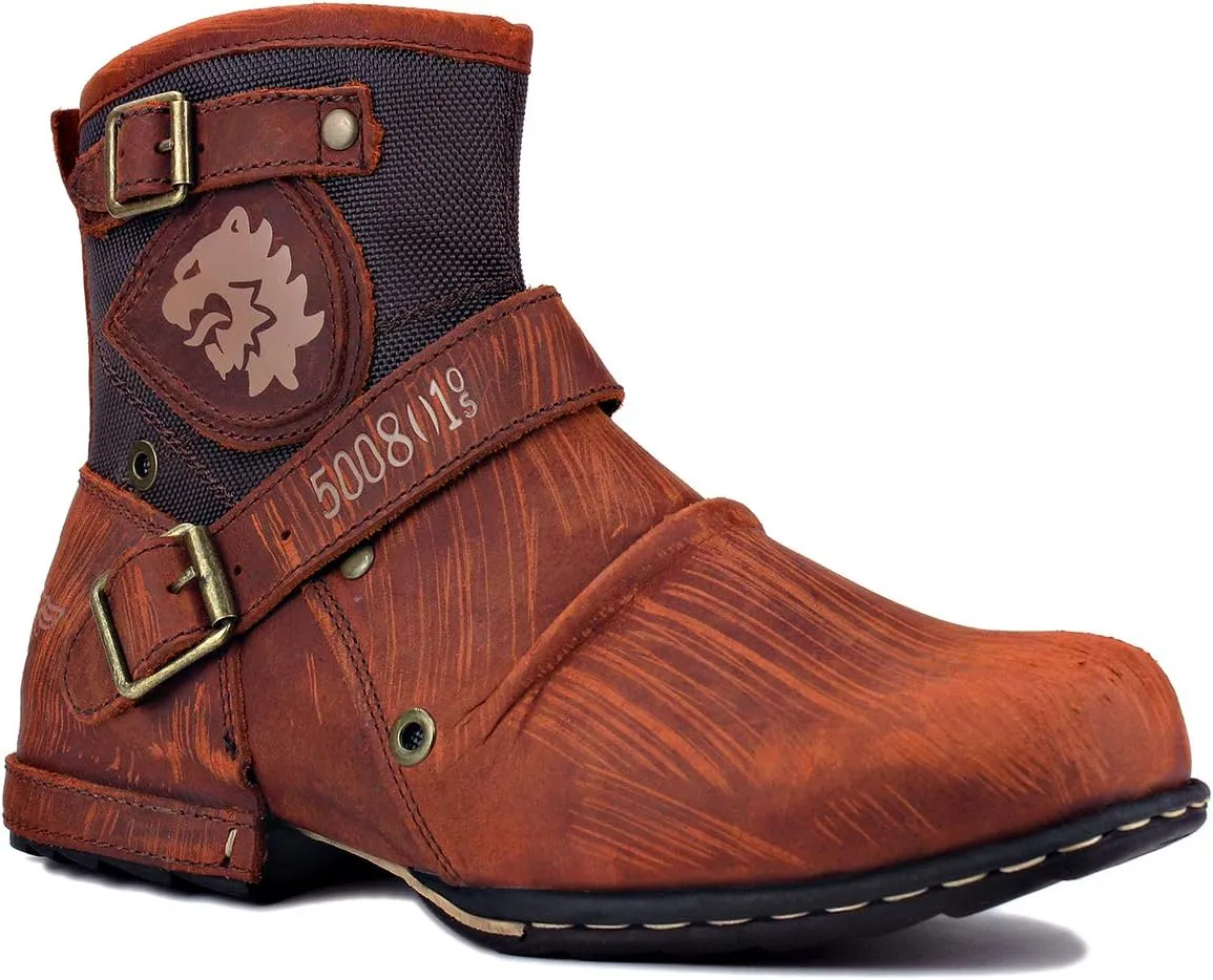 OSSTONE Moto Boots for Men Fashion Zipper-up Leather Chukka Boots Casual Shoes Retro Style OS-5008-1-DA1B1
