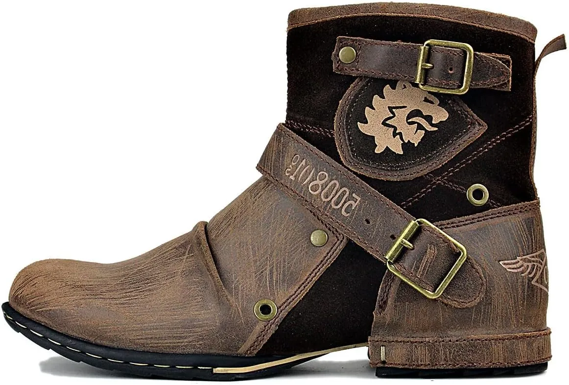 OSSTONE Moto Boots for Men Fashion Zipper-up Leather Chukka Boots Casual Shoes Retro Style OS-5008-1-DA1B1