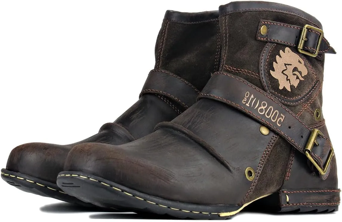 OSSTONE Moto Boots for Men Fashion Zipper-up Leather Chukka Boots Casual Shoes Retro Style OS-5008-1-DA1B1