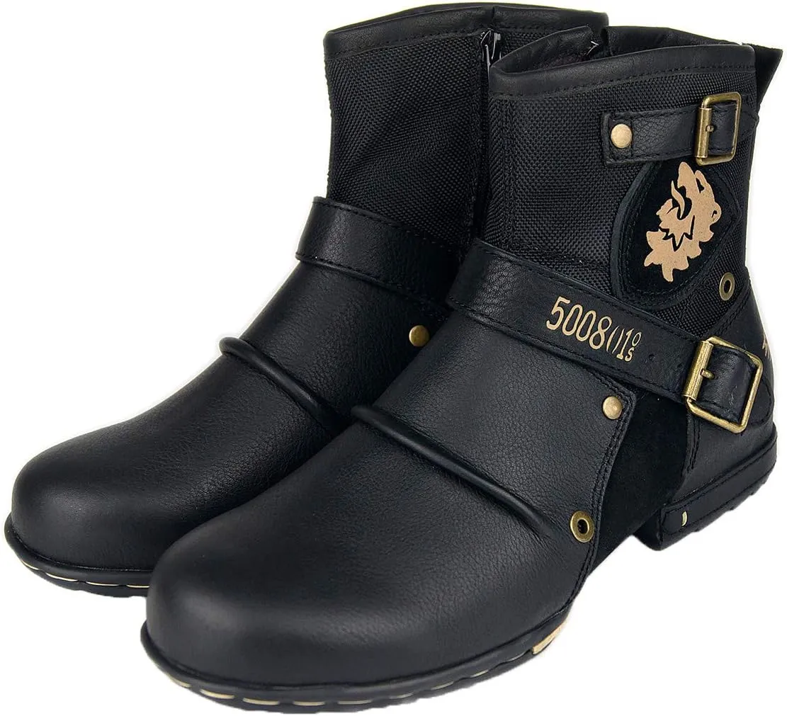 OSSTONE Moto Boots for Men Fashion Zipper-up Leather Chukka Boots Casual Shoes Retro Style OS-5008-1-DA1B1