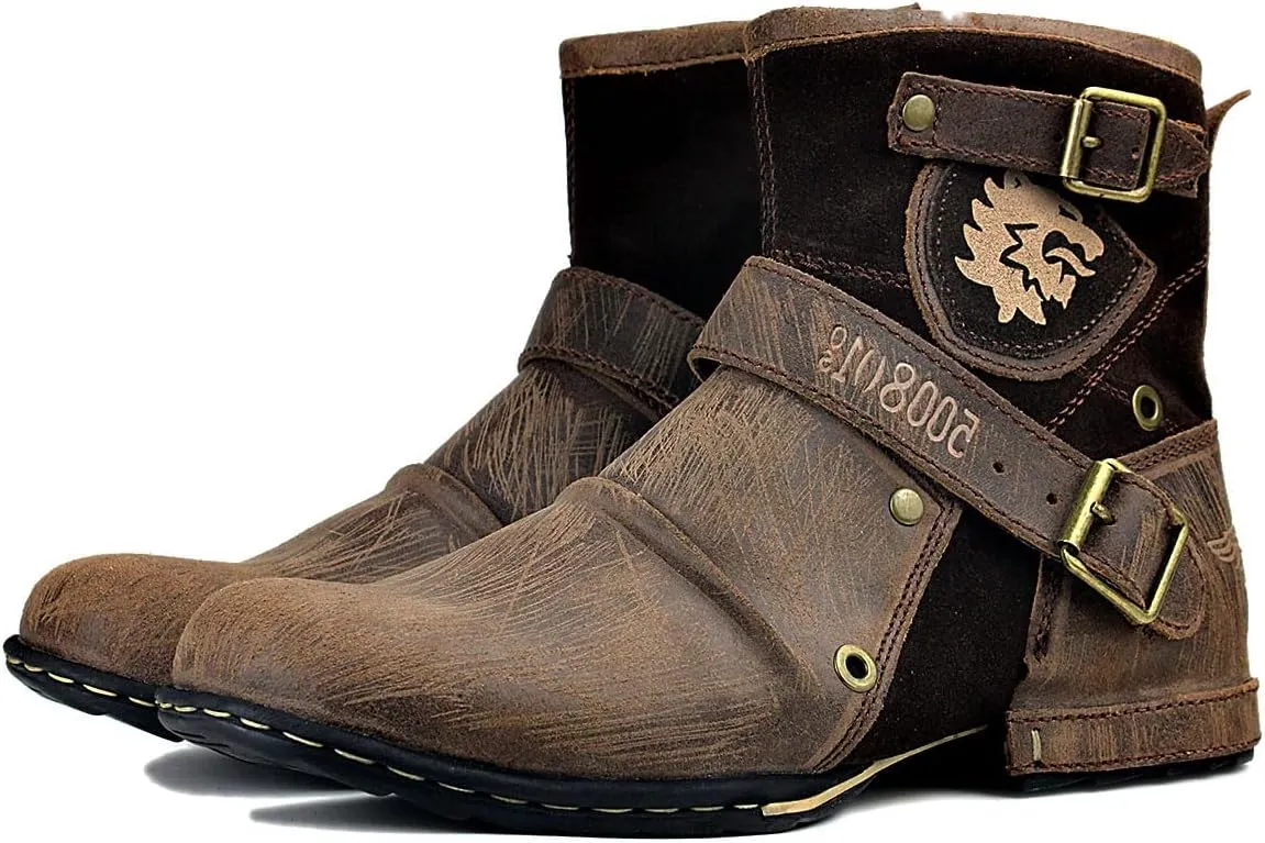 OSSTONE Moto Boots for Men Fashion Zipper-up Leather Chukka Boots Casual Shoes Retro Style OS-5008-1-DA1B1