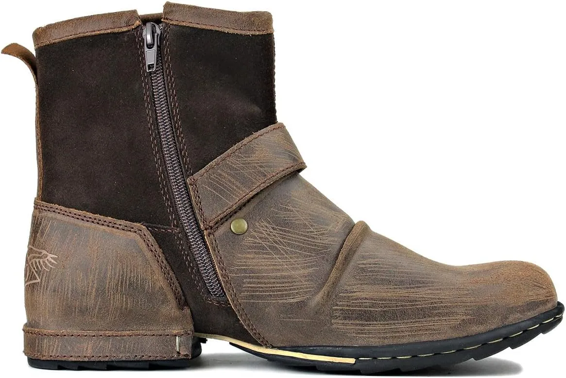 OSSTONE Moto Boots for Men Fashion Zipper-up Leather Chukka Boots Casual Shoes Retro Style OS-5008-1-DA1B1