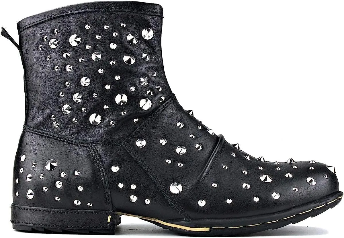 OSSTONE Moto Boots for Men Fashion Zipper-up Leather Chukka Boots Casual Shoes with rivets OS-5008-1-M