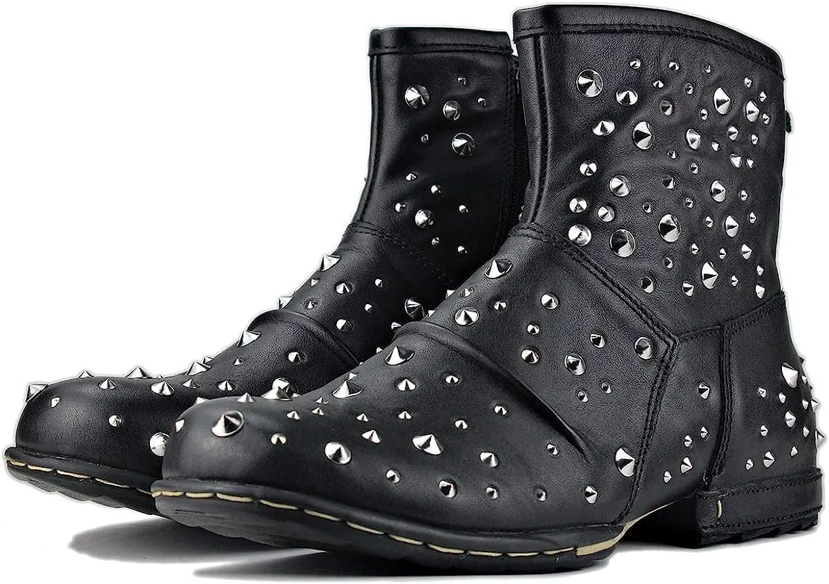 OSSTONE Moto Boots for Men Fashion Zipper-up Leather Chukka Boots Casual Shoes with rivets OS-5008-1-M