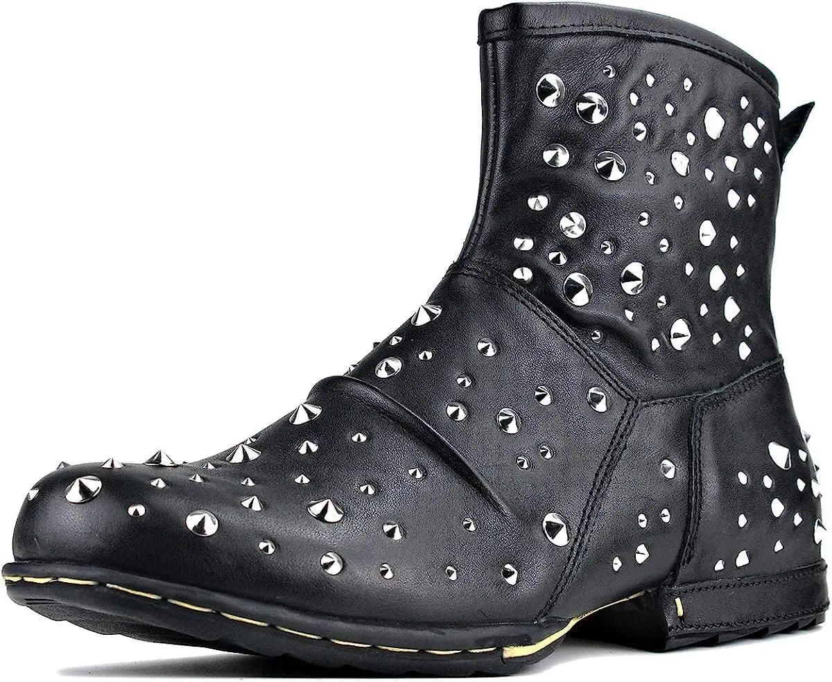 OSSTONE Moto Boots for Men Fashion Zipper-up Leather Chukka Boots Casual Shoes with rivets OS-5008-1-M