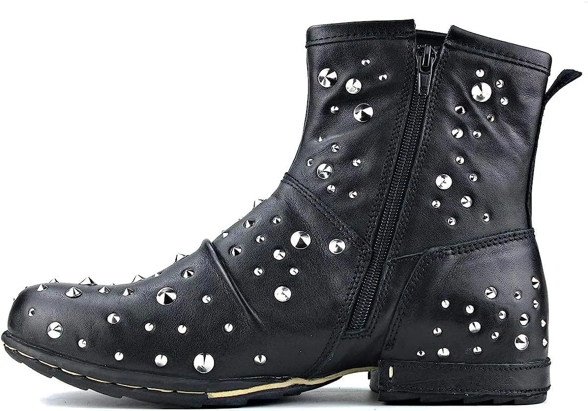 OSSTONE Moto Boots for Men Fashion Zipper-up Leather Chukka Boots Casual Shoes with rivets OS-5008-1-M