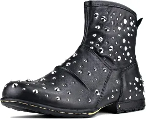 OSSTONE Moto Boots for Men Fashion Zipper-up Leather Chukka Boots Casual Shoes with rivets OS-5008-1-M