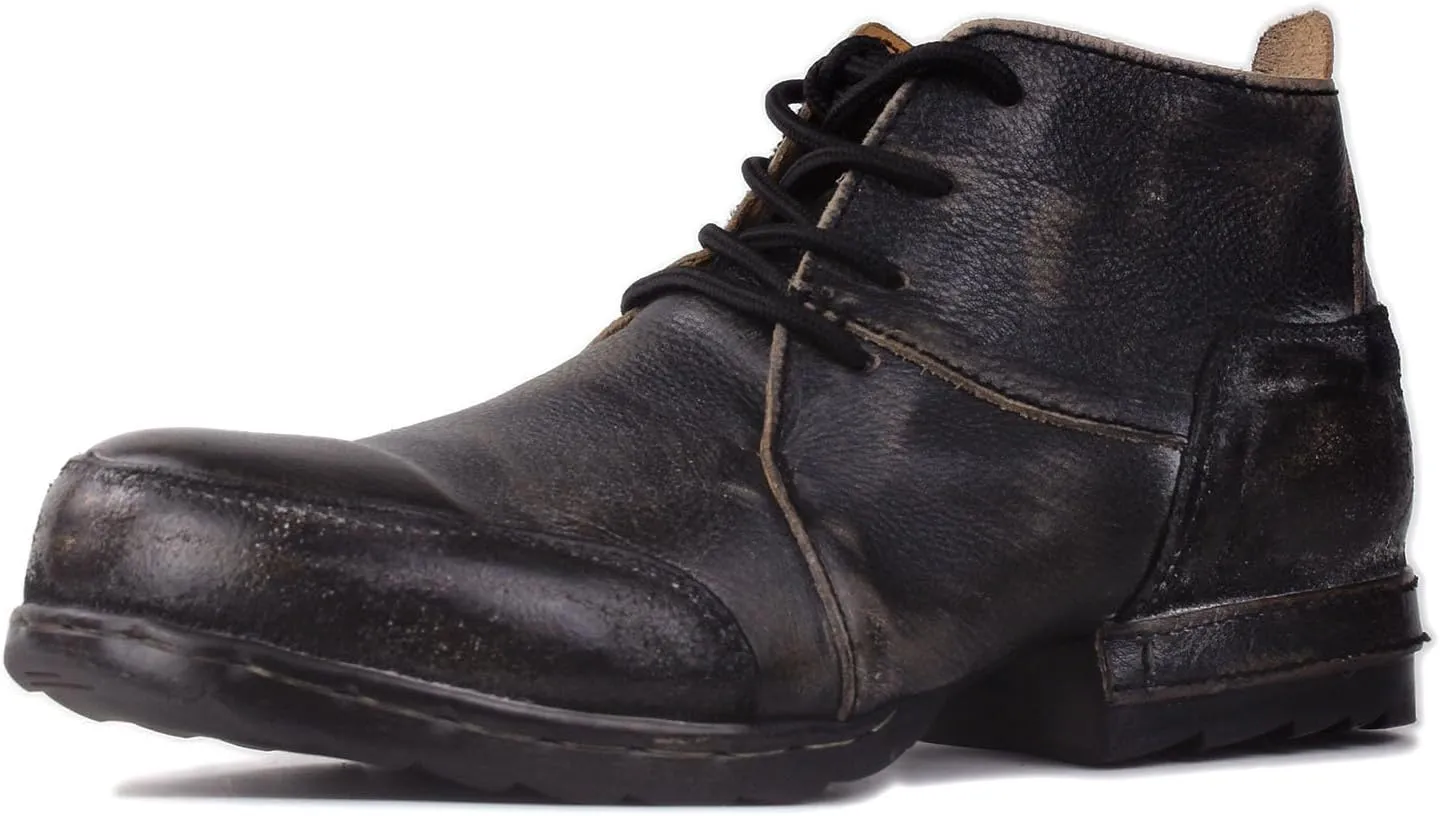 OSSTONE Vintage Black Moto Boots for Men Fashion lace-up Leather Retro Chukka Boots Casual Shoes OS-6015-7-Vintage-US-R
